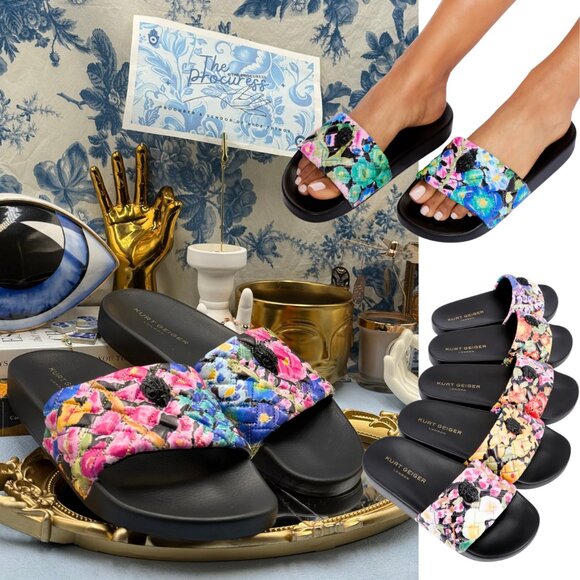 🆕 KURT GEIGER LONDON 🧿 NWOB Meena Eagle Black Floral Print Slides, Sz 42 US 11 - Picture 1 of 16